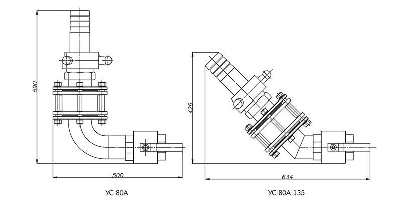 Габаритные размеры модификаций сливных устройств УС-80